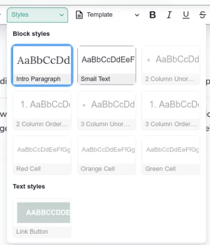 Styles dropdown selection options